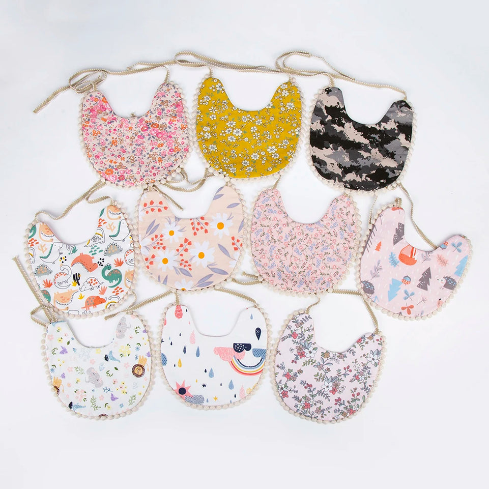 Cute Cartoon Dinner Feeding Clothes Double-deck Cotton Linen Baby Boys Girls Bibs Animal Flower Print Saliva Towel Kids Stuff
