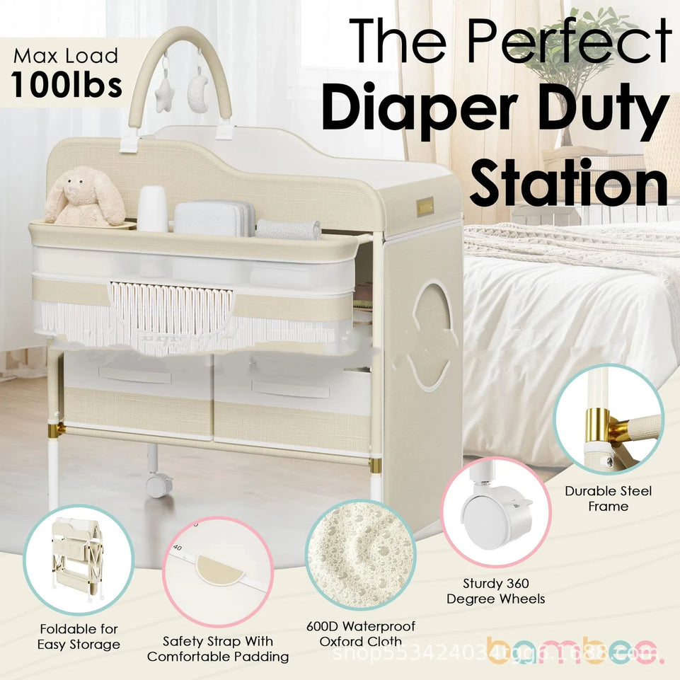 BabyCare Plus 5-in-1 Portable Changing Station  Diaper Table with Massage Pad & Wheels Mobile Nursery Center (0-24 Months)