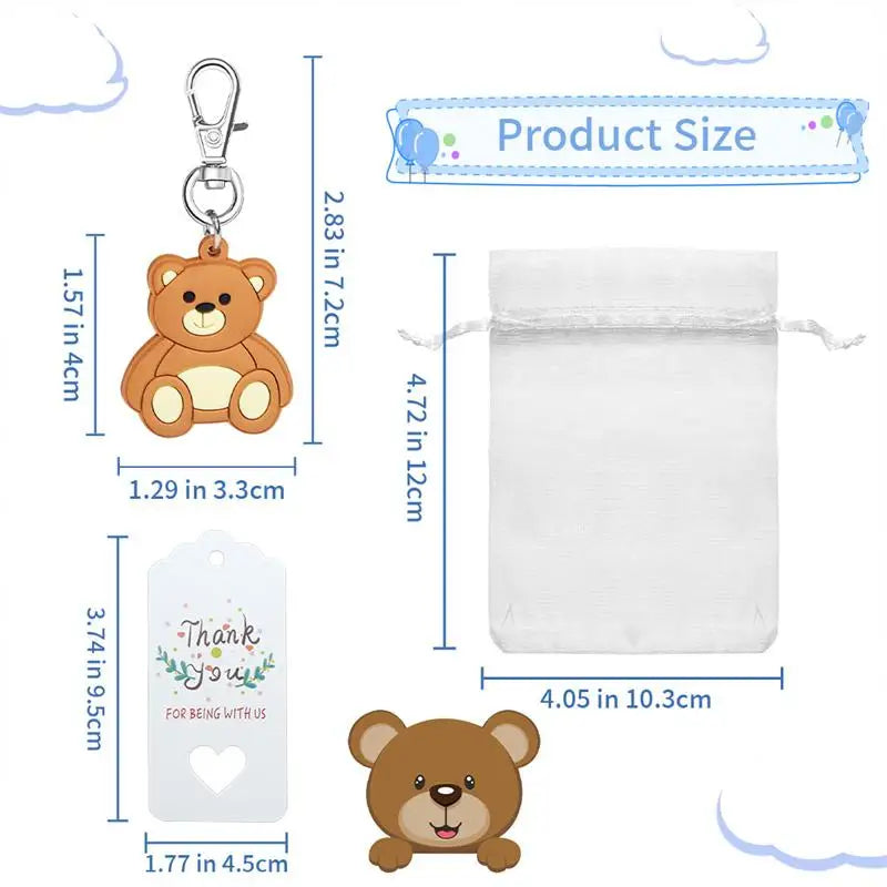 30pcs Baby Shower Souvenirs Gift Bear Keychain with Organza Bag Thank You Kraft Tag for Guests Girl Boy Birthday Party Supply