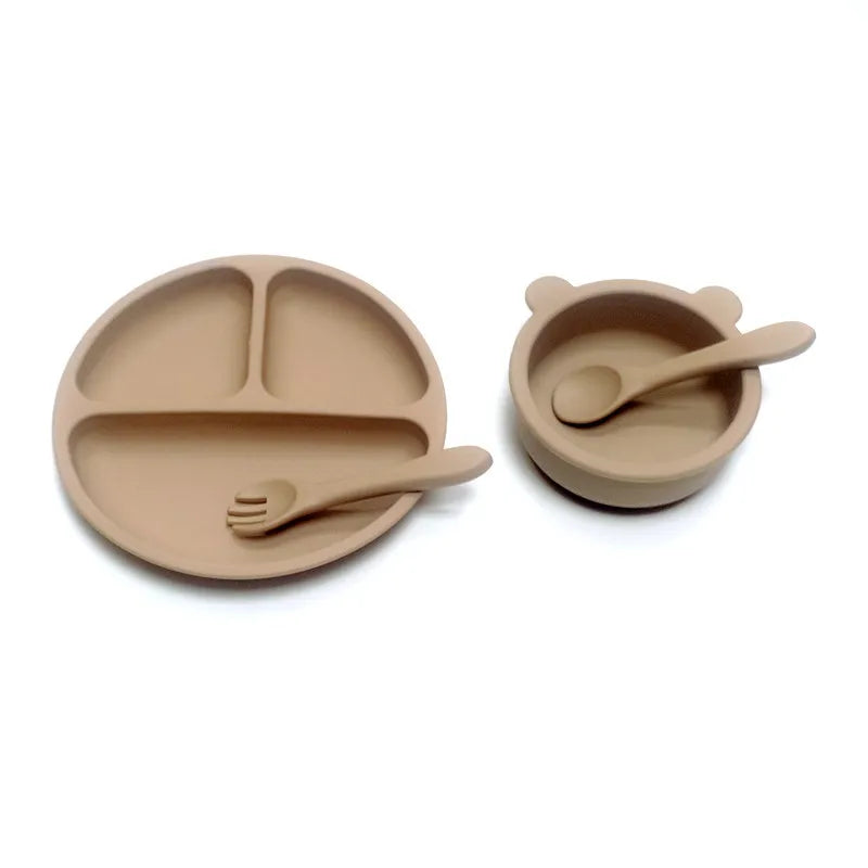 4pcs Auxiliary silicone tableware sets children eating suction cup bowl baby spoon dinner plate kindergarten set