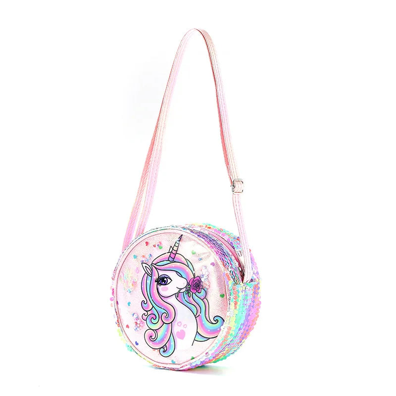 Kids Accessories Summer Lovely Kids Girls Sequin Crossbody Bag 3 Colors Cartoon Printed Round Shoulder Bag with Adjustable Strap
