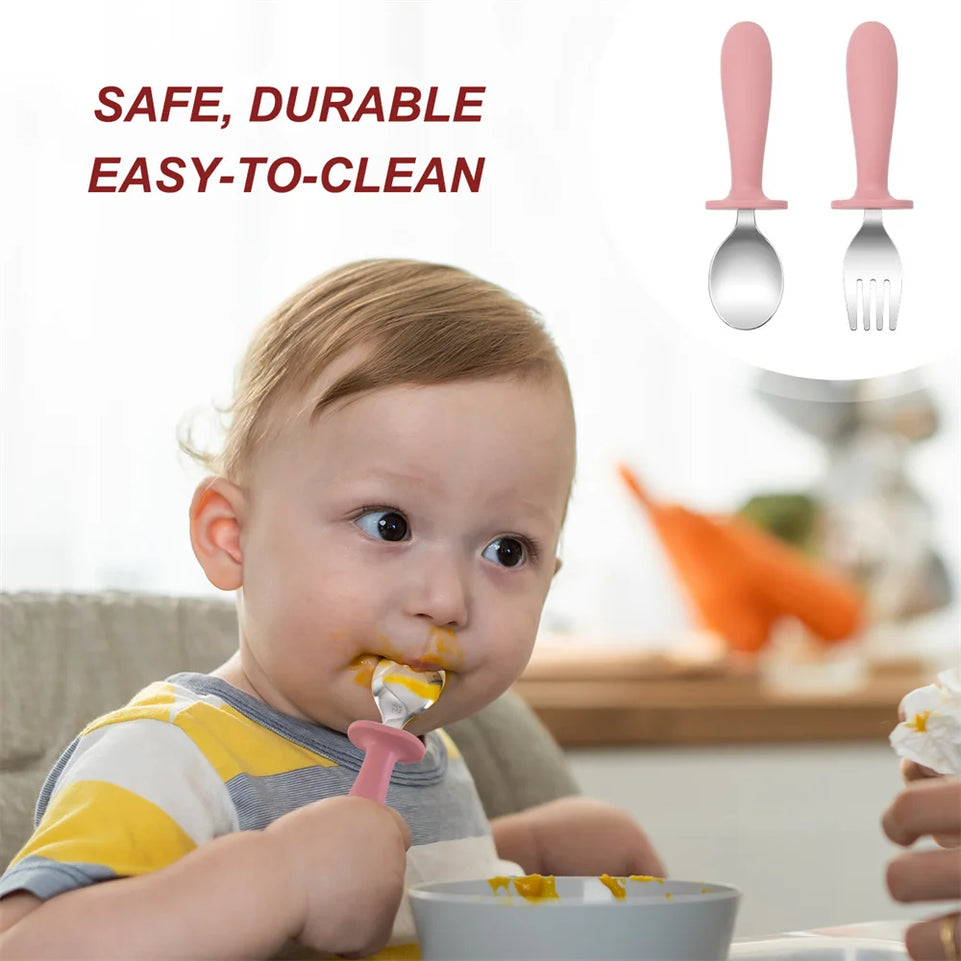 Color Kids 2PCS Stainless Steel Spoon Fork Set Dishwasher Safe BPA Free Utensils Baby Feeding Cutlery  Baby Newborn Items