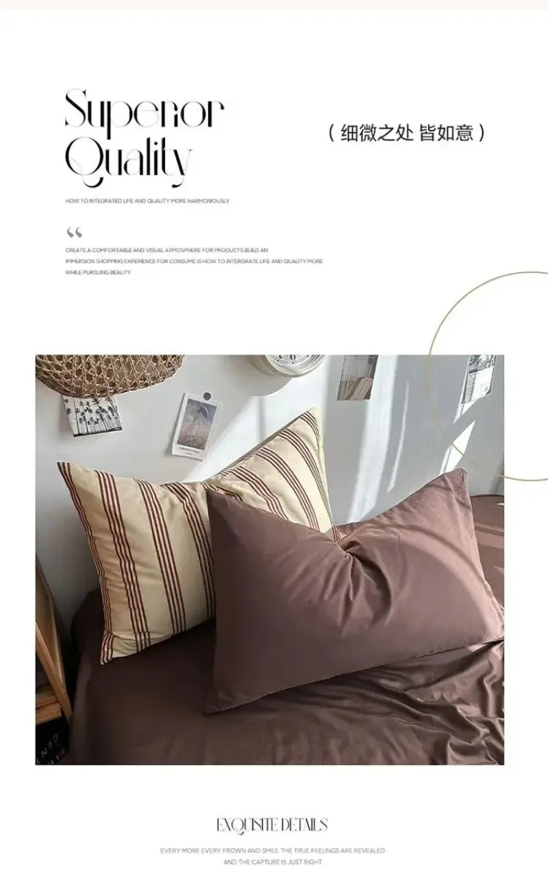 Bedding Set Ins Ambiance Blue Coffee Grid Mixed With Washed Cotton Minimalist Four Piece Set Fitted Sheets Duvet Cover
