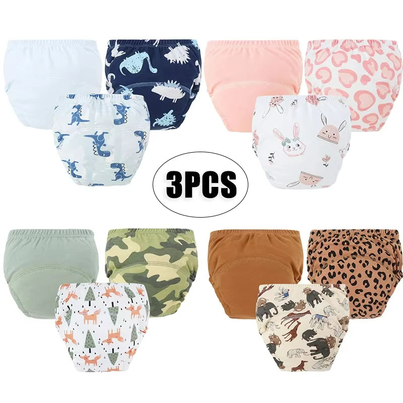 Baby Diaper Pants Set Cartoon Printed Training Pants for Boys Girls Breathable Cotton Reusable Kids Underwear 3Pcs