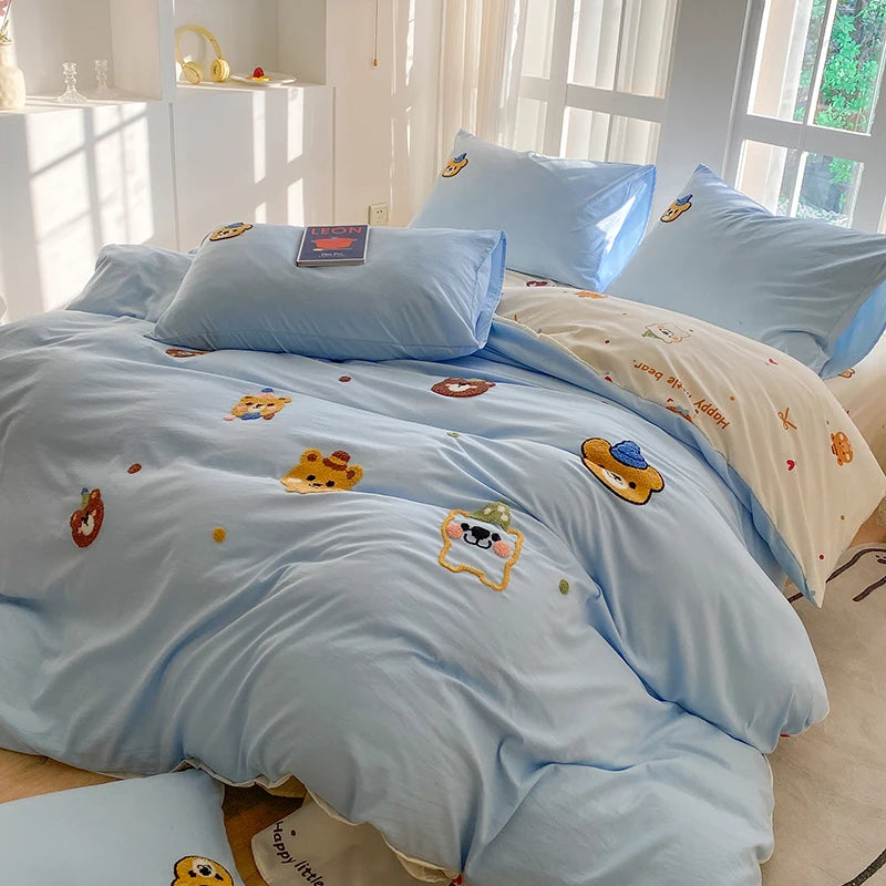 Bedding Set Ins Blue Pink lovely embroidery Mixed With Washed Cotton Minimalist Four Piece Set Fitted Sheets Duvet Cover