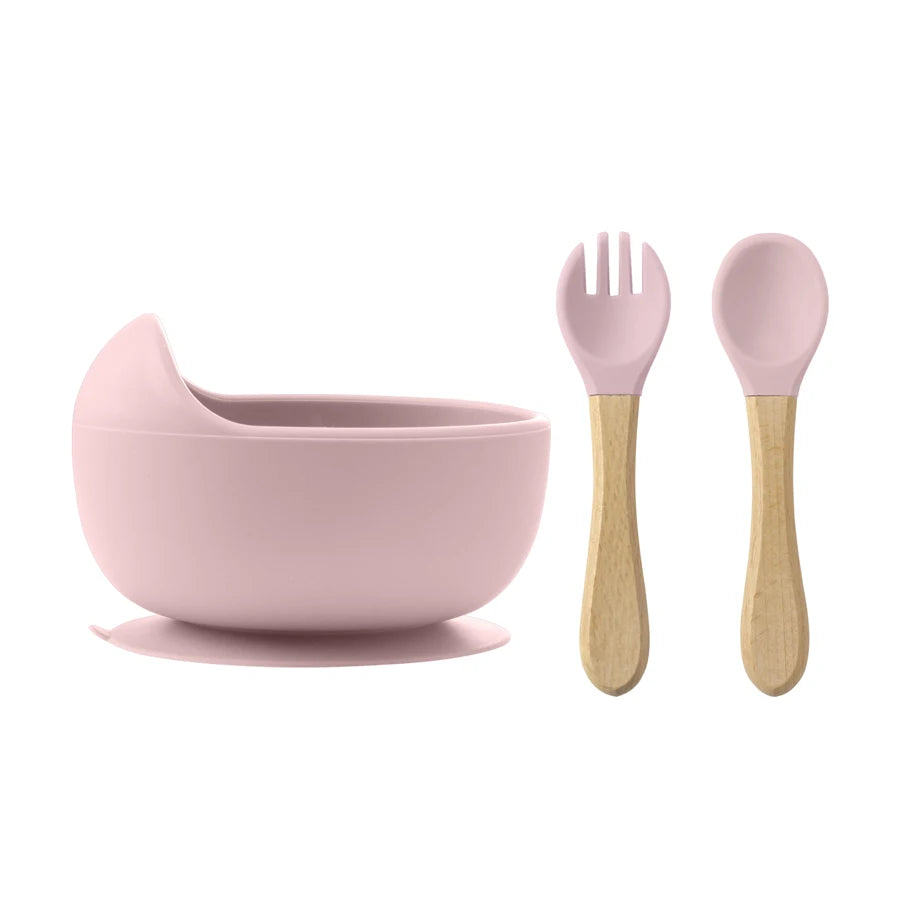 3PCS Food Grade Silicone Baby Feeding Bowl Set Solid Color Dishes Waterproof Feeding Bowl With Spoon Fork Children Tableware