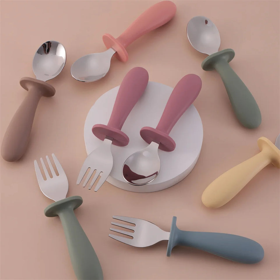 Color Kids 2PCS Stainless Steel Spoon Fork Set Dishwasher Safe BPA Free Utensils Baby Feeding Cutlery  Baby Newborn Items
