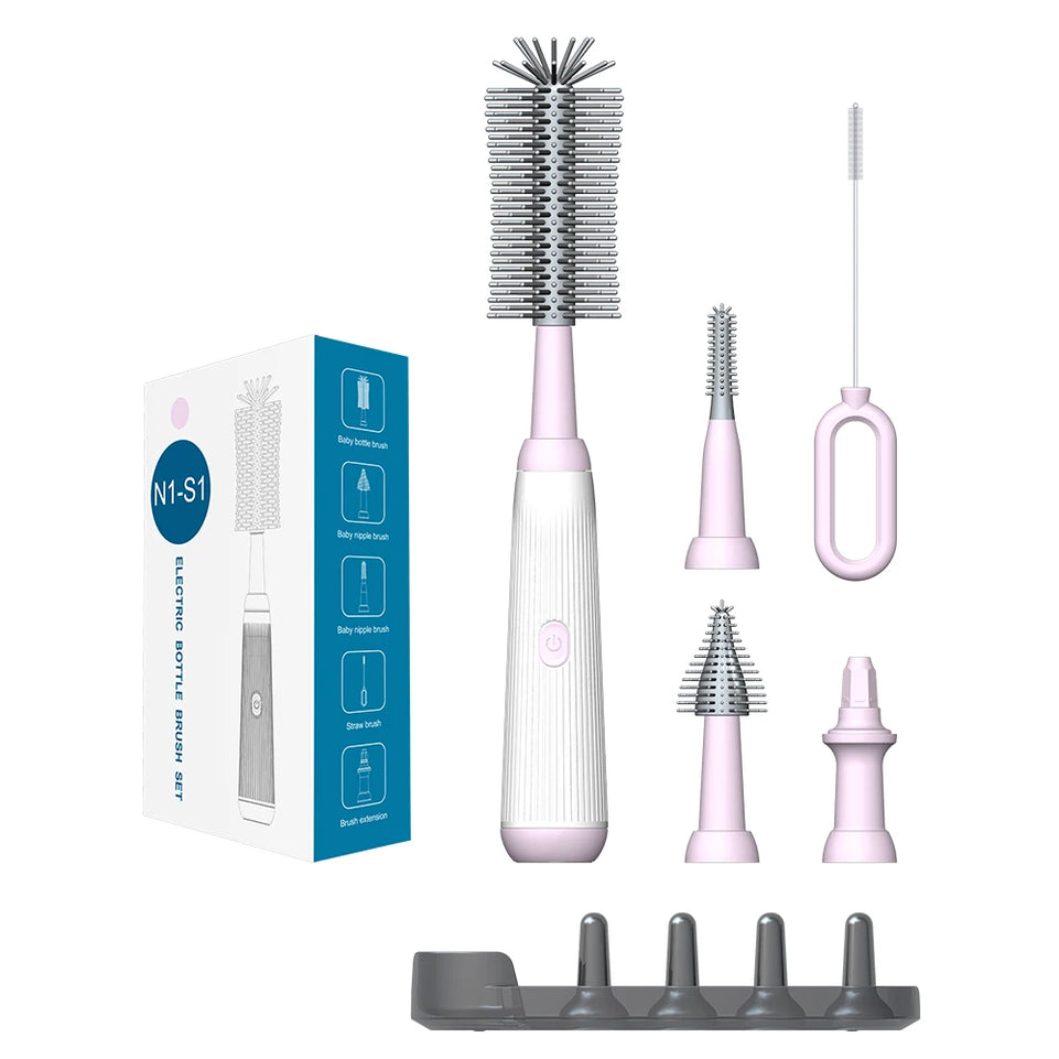 Electric 360 Degree Rotation 6 in 1 Silicone Baby Bottle Pacifier Brush Wash Water Cup Container Straw Cleaning Brush Set