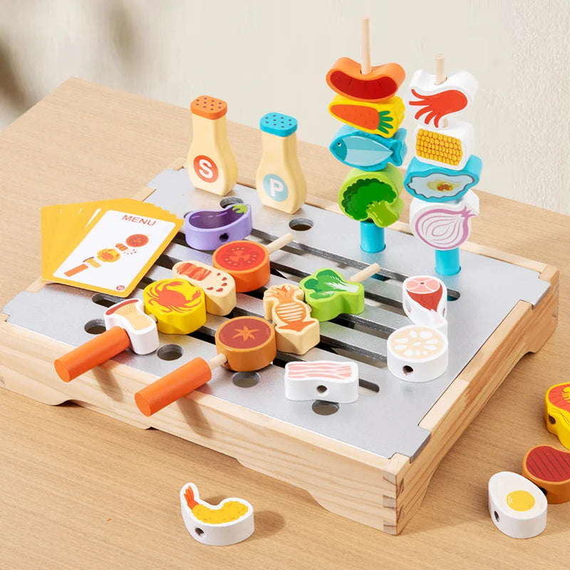 Children's Wooden Imitation Barbecue Grill Toy For Role-Playing Home Cooking And Food Recognition Available In Two Styles