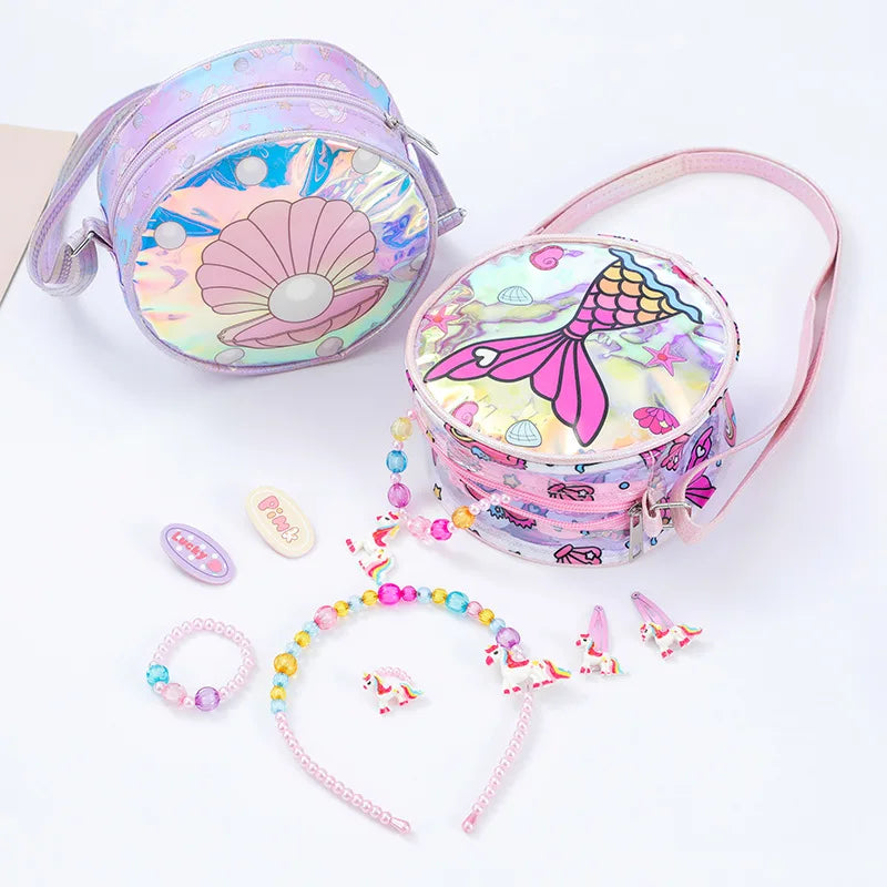 Kids Accessories Summer Lovely Kids Girls Sequin Crossbody Bag 3 Colors Cartoon Printed Round Shoulder Bag with Adjustable Strap