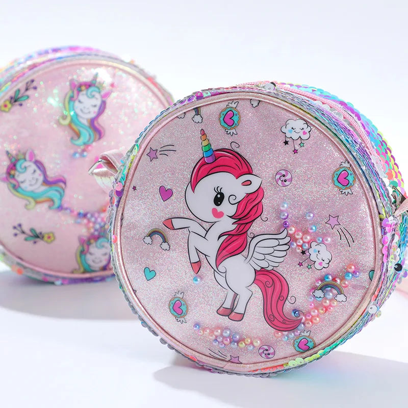 Kids Accessories Summer Lovely Kids Girls Sequin Crossbody Bag 3 Colors Cartoon Printed Round Shoulder Bag with Adjustable Strap