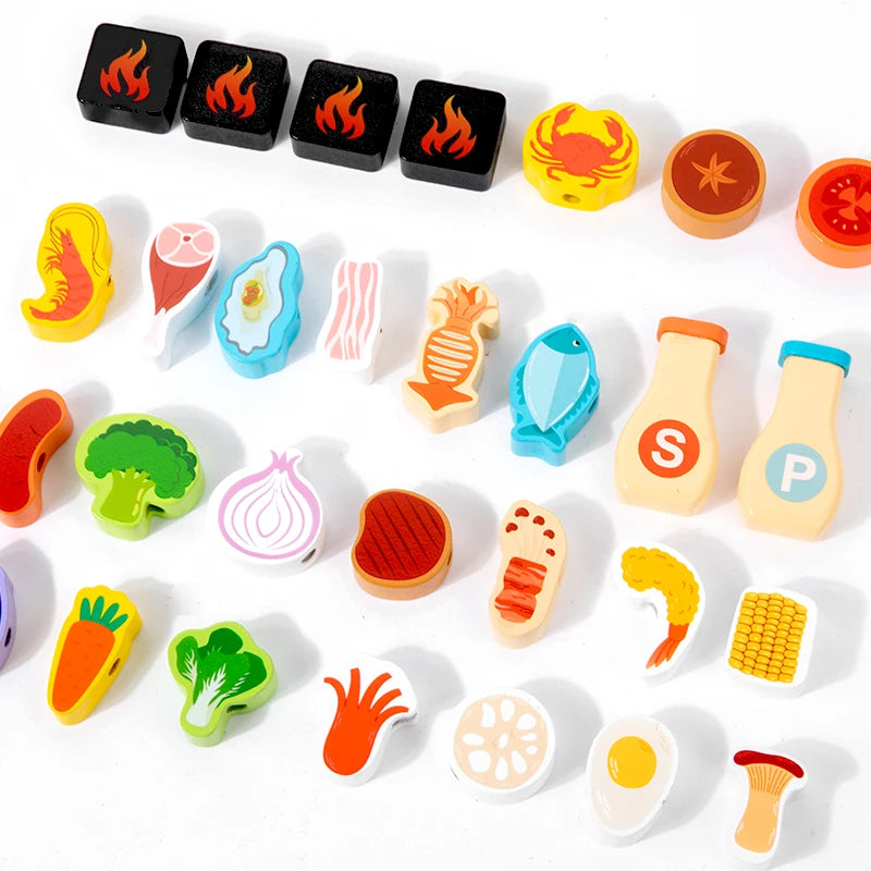 Children's Wooden Imitation Barbecue Grill Toy For Role-Playing Home Cooking And Food Recognition Available In Two Styles