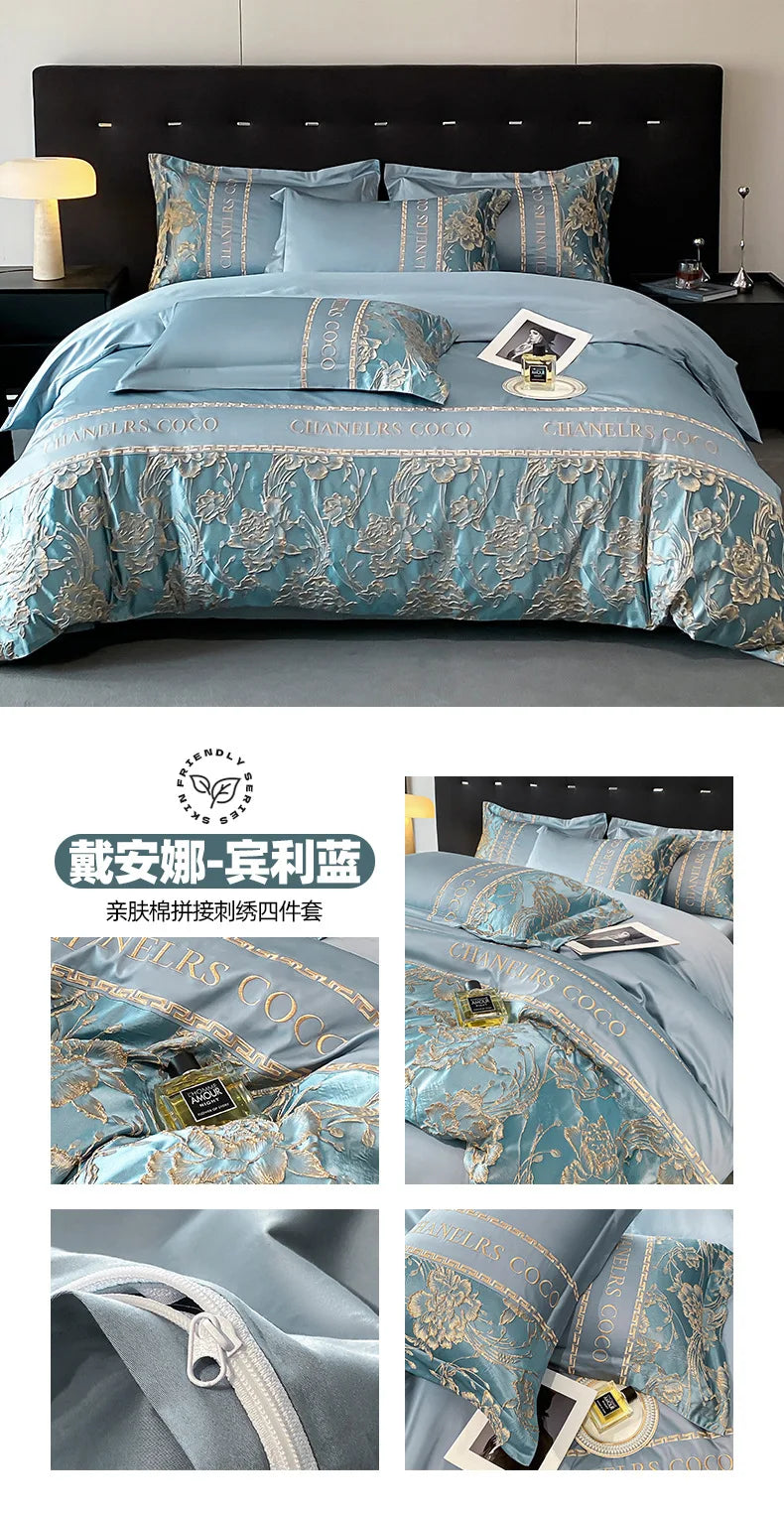 European Bedding Set High-end Luxury Cotton Four-piece Set Cotton Embroidery Quilt Cover Sheets Hats Senior Sense Bedding