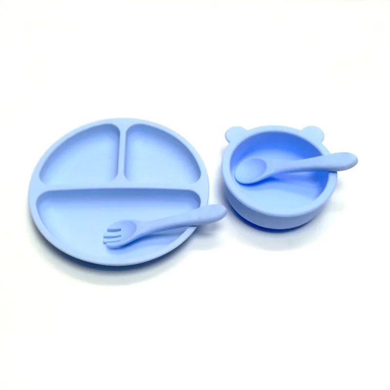 4pcs Auxiliary silicone tableware sets children eating suction cup bowl baby spoon dinner plate kindergarten set