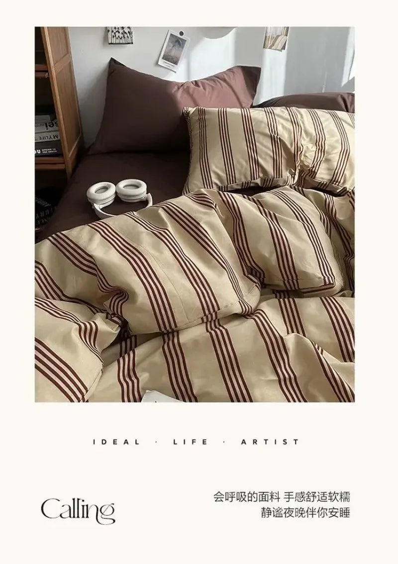 Bedding Set Ins Ambiance Blue Coffee Grid Mixed With Washed Cotton Minimalist Four Piece Set Fitted Sheets Duvet Cover