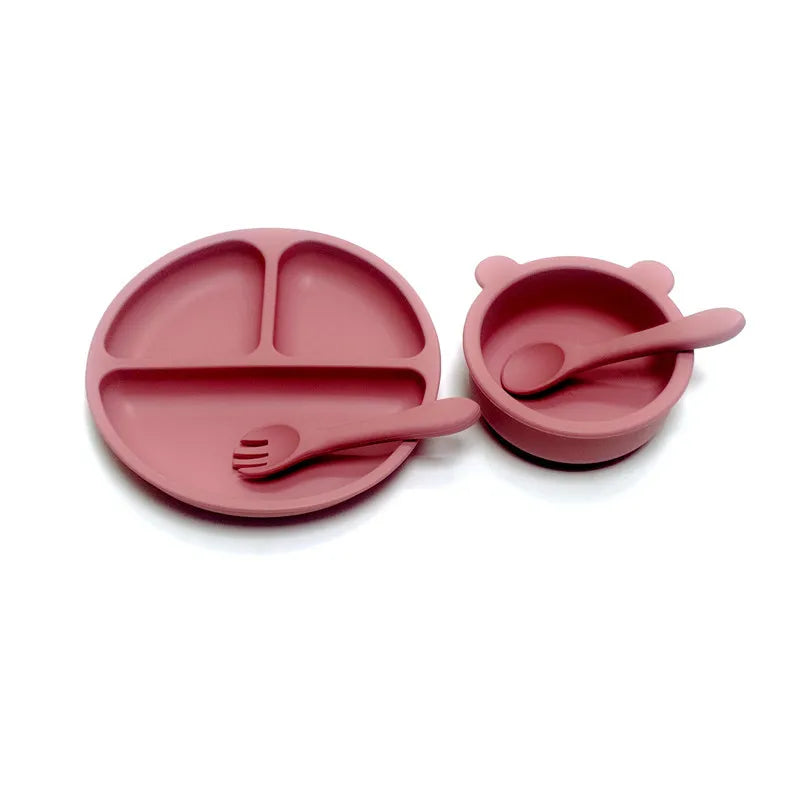 4pcs Auxiliary silicone tableware sets children eating suction cup bowl baby spoon dinner plate kindergarten set