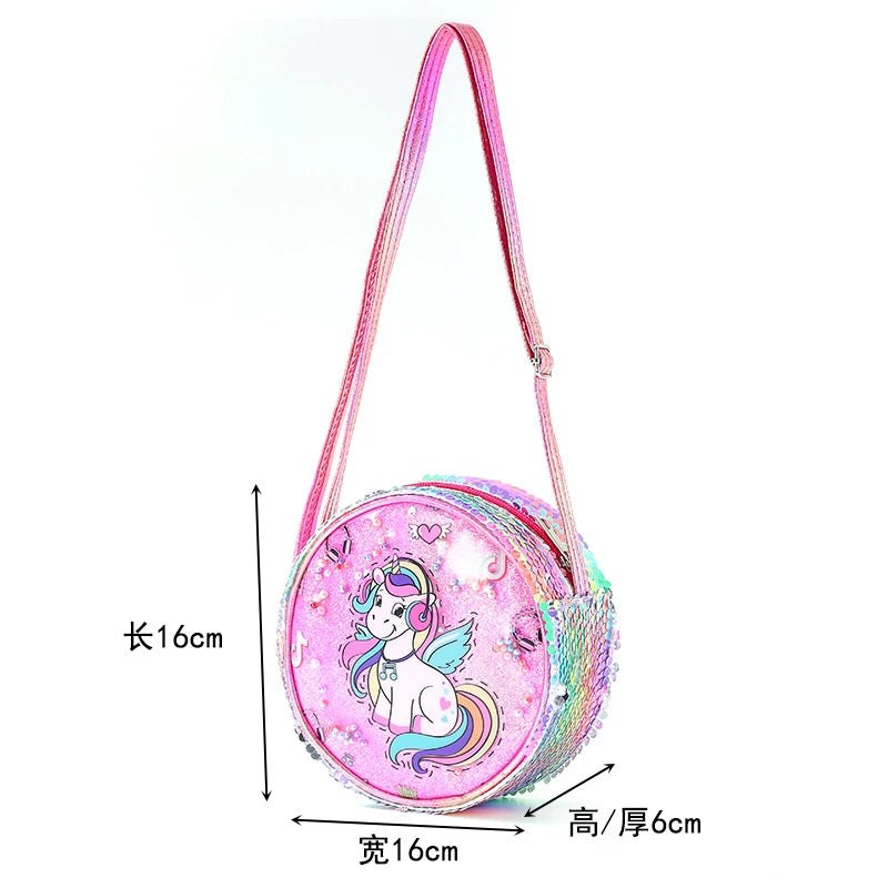 Kids Accessories Summer Lovely Kids Girls Sequin Crossbody Bag 3 Colors Cartoon Printed Round Shoulder Bag with Adjustable Strap