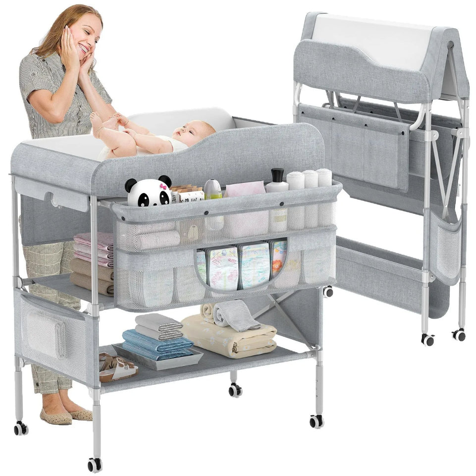 BabyCare Plus 5-in-1 Portable Changing Station  Diaper Table with Massage Pad & Wheels Mobile Nursery Center (0-24 Months)