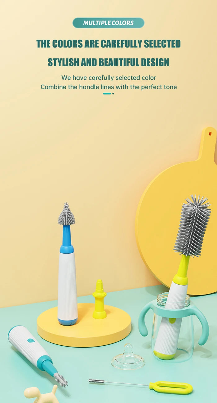 Electric 360 Degree Rotation 6 in 1 Silicone Baby Bottle Pacifier Brush Wash Water Cup Container Straw Cleaning Brush Set