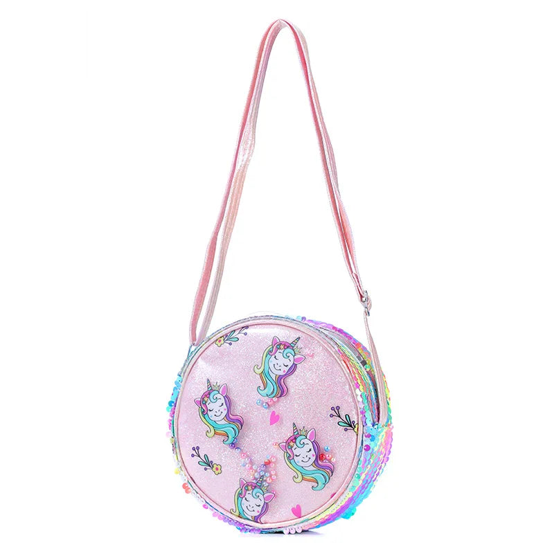 Kids Accessories Summer Lovely Kids Girls Sequin Crossbody Bag 3 Colors Cartoon Printed Round Shoulder Bag with Adjustable Strap