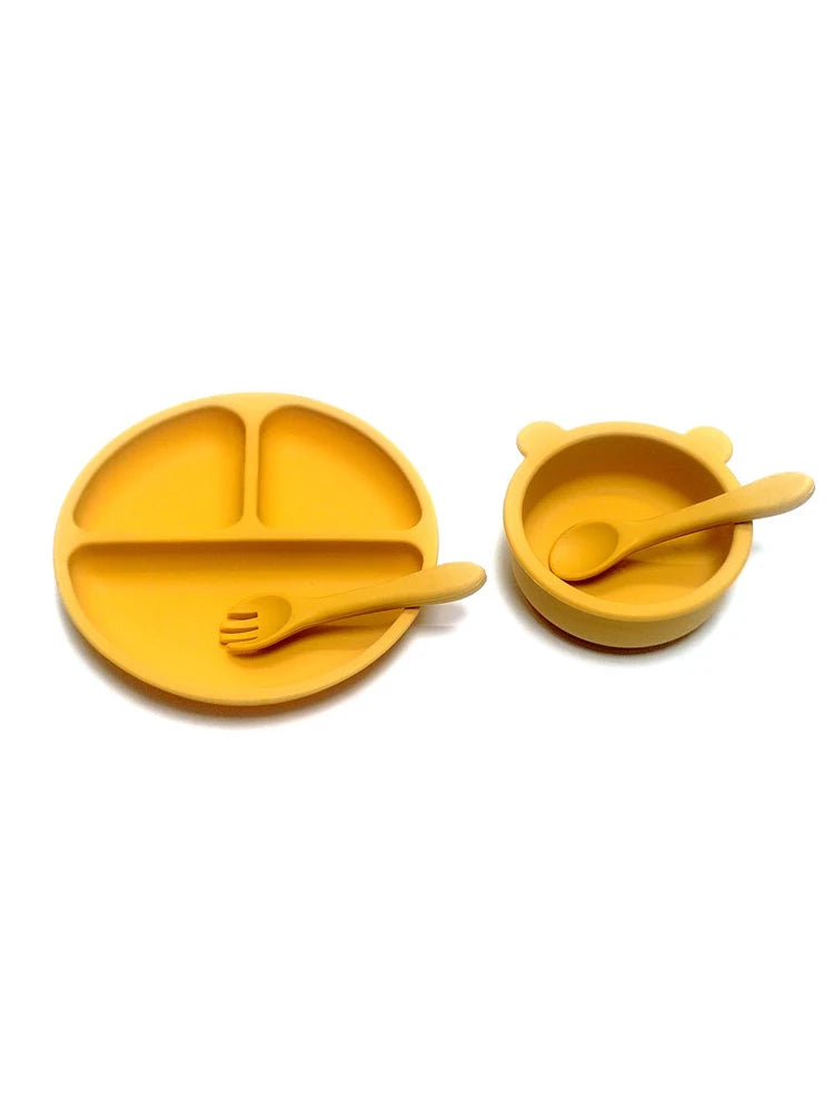 4pcs Auxiliary silicone tableware sets children eating suction cup bowl baby spoon dinner plate kindergarten set