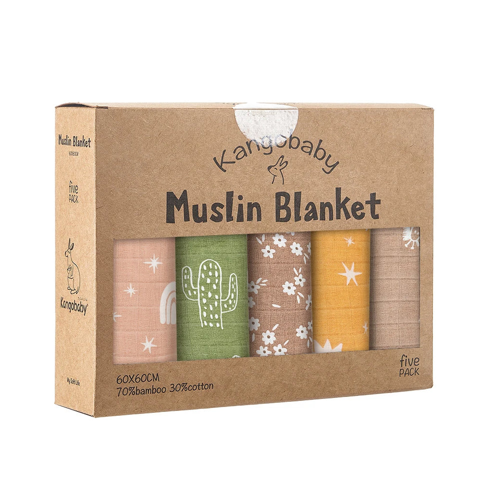 Kangobaby #My Soft Life# 5 Pieces Pack Multi-Functional Bamboo Cotton Muslin Blanket Baby Burp Cloth Set