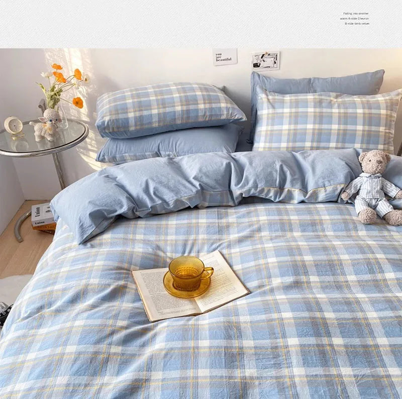 European Bedding Set with Checkered Print Comfortable Breathable Fitted Sheet Duvet Cover Pillowcase Single Queen Size Bed Linen