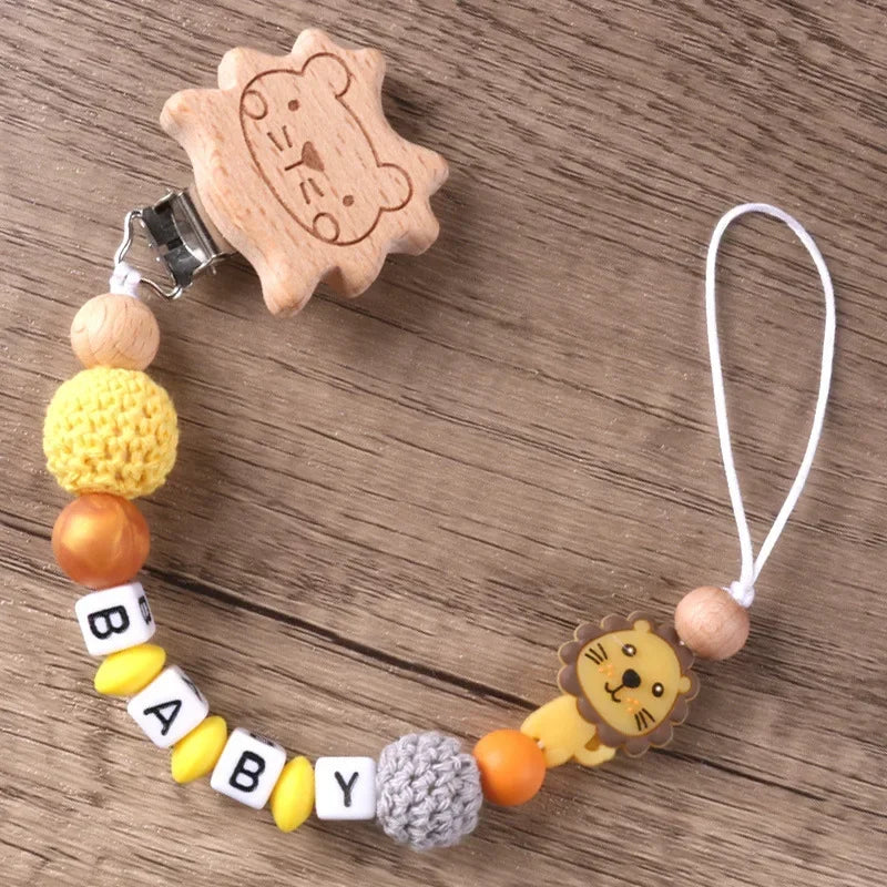 Baby Pacifier Clips Personalized Name DIY Wood Lion Silicone Dummy Nipples Holder Clip Chain Newborn Accessories Infant Feeding