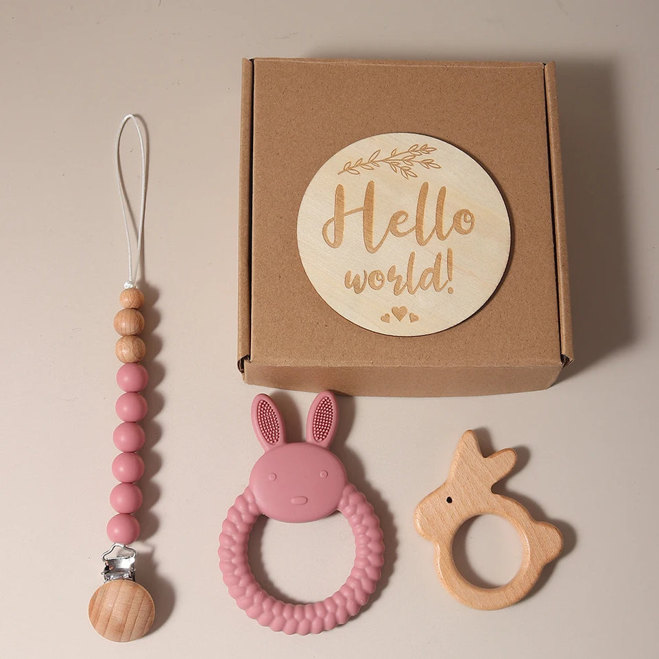 New born baby gift set silicone bunny teether wooden bunny rattle Photography props