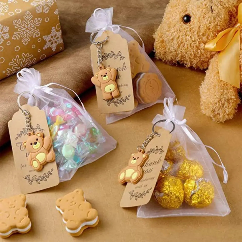 30pcs Baby Shower Souvenirs Gift Bear Keychain with Organza Bag Thank You Kraft Tag for Guests Girl Boy Birthday Party Supply