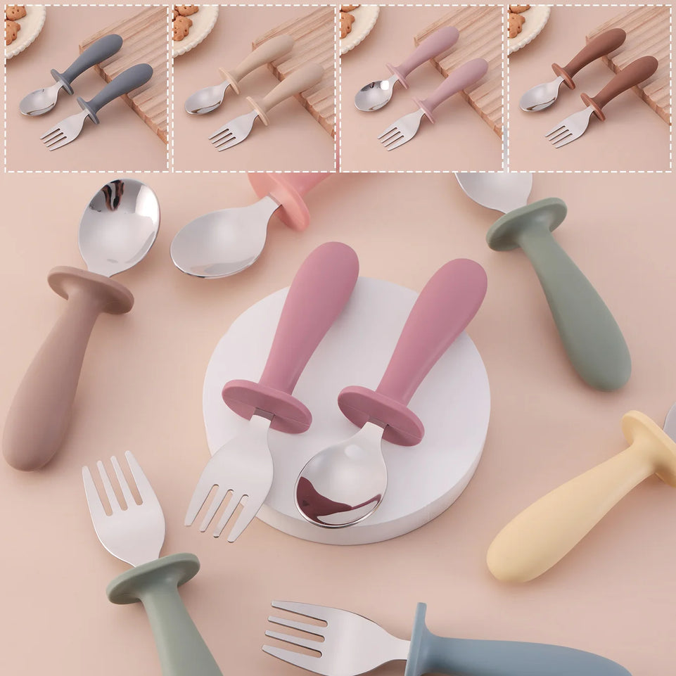 Color Kids 2PCS Stainless Steel Spoon Fork Set Dishwasher Safe BPA Free Utensils Baby Feeding Cutlery  Baby Newborn Items