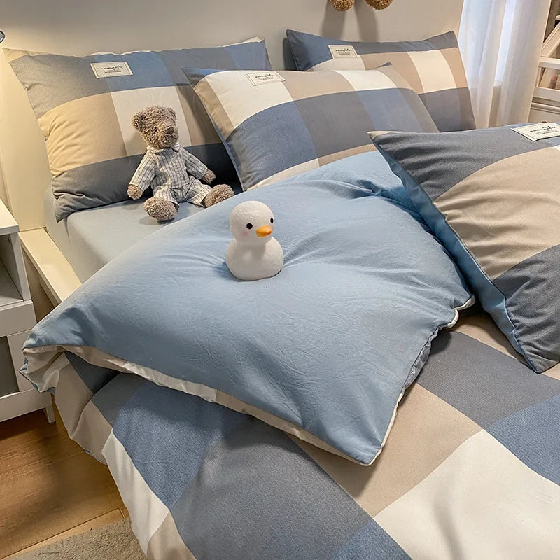 European Bedding Set with Checkered Print Comfortable Breathable Fitted Sheet Duvet Cover Pillowcase Single Queen Size Bed Linen