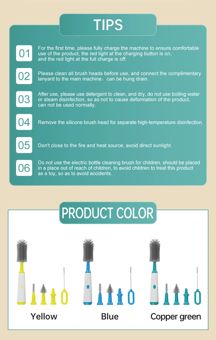 Electric 360 Degree Rotation 6 in 1 Silicone Baby Bottle Pacifier Brush Wash Water Cup Container Straw Cleaning Brush Set