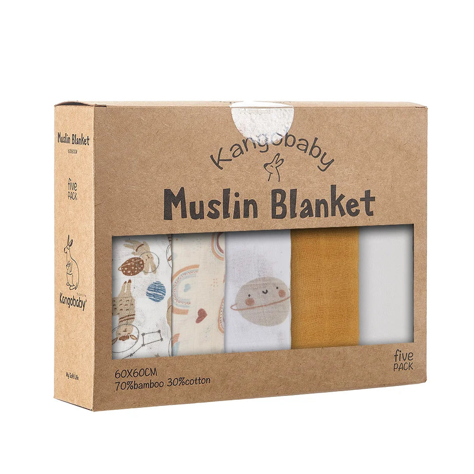 Kangobaby #My Soft Life# 5 Pieces Pack Multi-Functional Bamboo Cotton Muslin Blanket Baby Burp Cloth Set