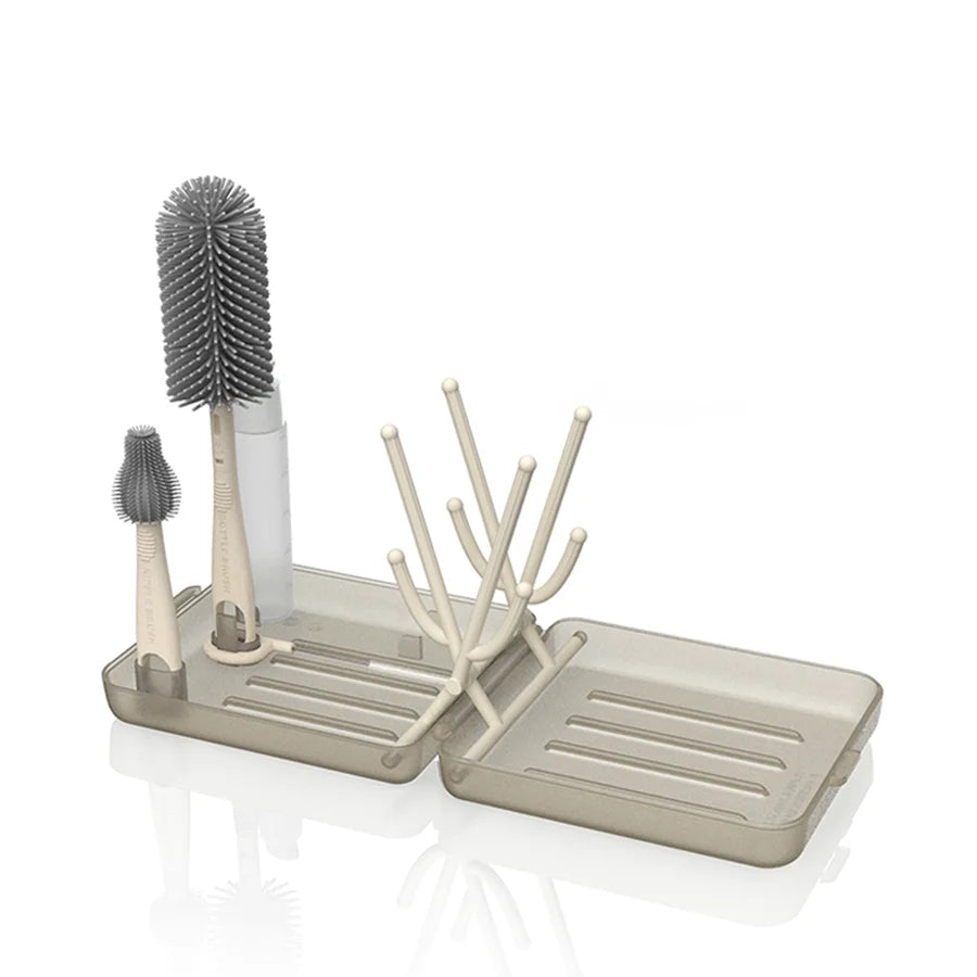 Travel Bottle Brush Set, Auto-Open Rack & Vertical Brushs Drying Slots, 3 Brushes, Foldable Drying Rack, Travel Baby Essentials