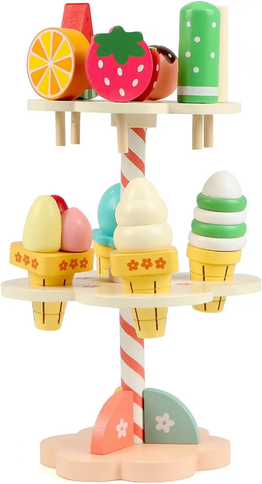 Wooden Ice Cream Counter Playset for Toddler Toys,  Montessori Pretend Play Food Toys Kitchen Accessories Early Learning AidsFV