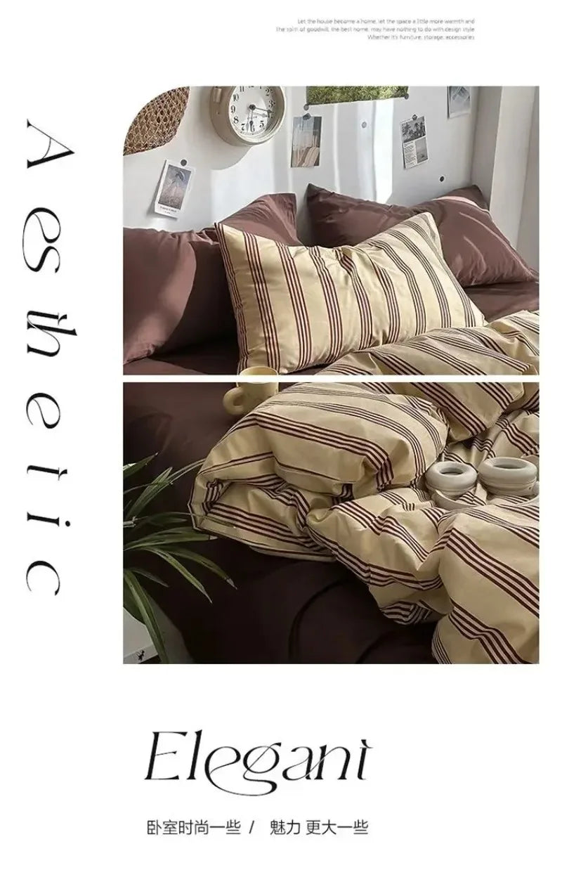 Bedding Set Ins Ambiance Blue Coffee Grid Mixed With Washed Cotton Minimalist Four Piece Set Fitted Sheets Duvet Cover