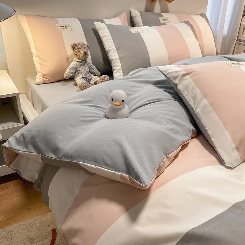 European Bedding Set with Checkered Print Comfortable Breathable Fitted Sheet Duvet Cover Pillowcase Single Queen Size Bed Linen