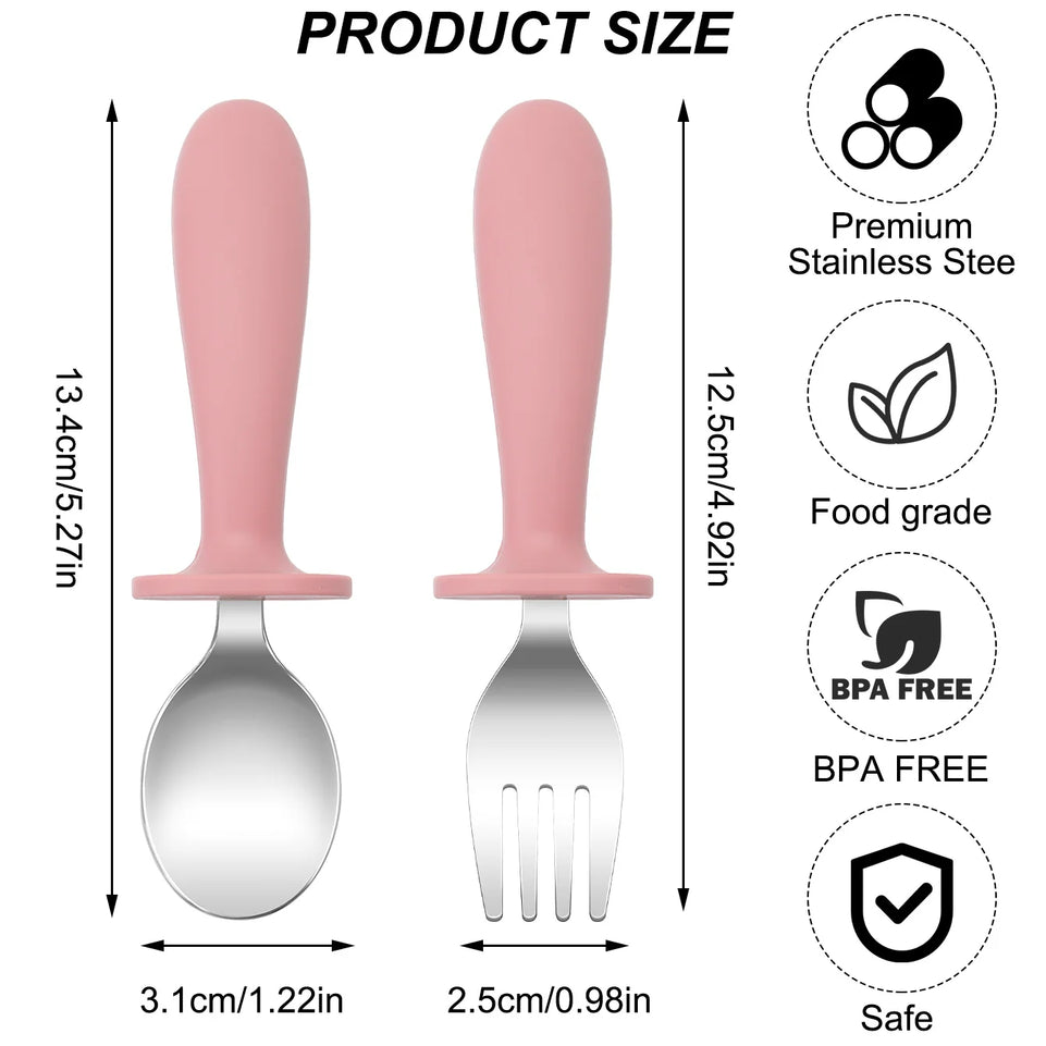 Color Kids 2PCS Stainless Steel Spoon Fork Set Dishwasher Safe BPA Free Utensils Baby Feeding Cutlery  Baby Newborn Items