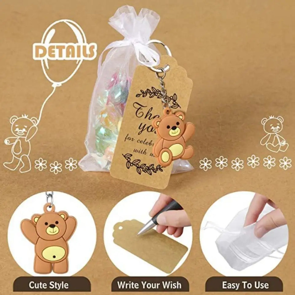 30pcs Baby Shower Souvenirs Gift Bear Keychain with Organza Bag Thank You Kraft Tag for Guests Girl Boy Birthday Party Supply