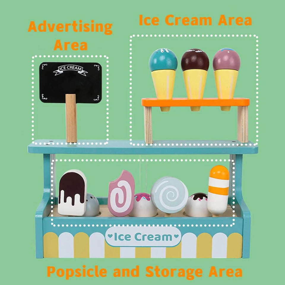 Wooden Ice Cream Counter Playset for Toddler Toys,  Montessori Pretend Play Food Toys Kitchen Accessories Early Learning AidsFV