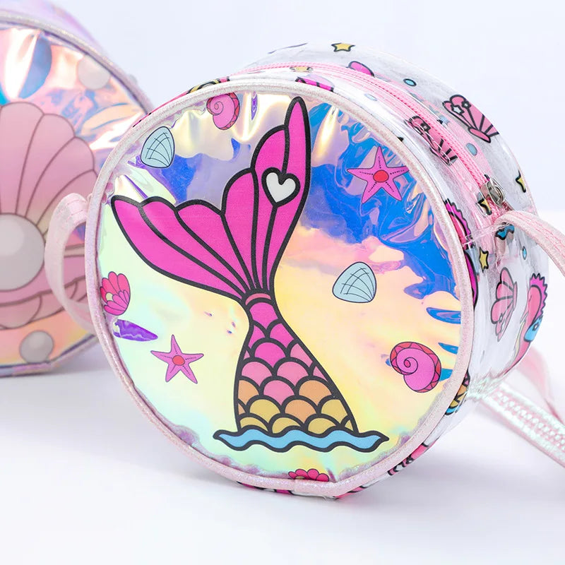 Kids Accessories Summer Lovely Kids Girls Sequin Crossbody Bag 3 Colors Cartoon Printed Round Shoulder Bag with Adjustable Strap