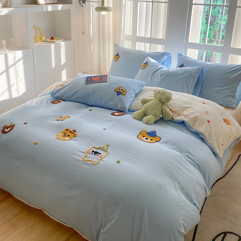 Bedding Set Ins Blue Pink lovely embroidery Mixed With Washed Cotton Minimalist Four Piece Set Fitted Sheets Duvet Cover