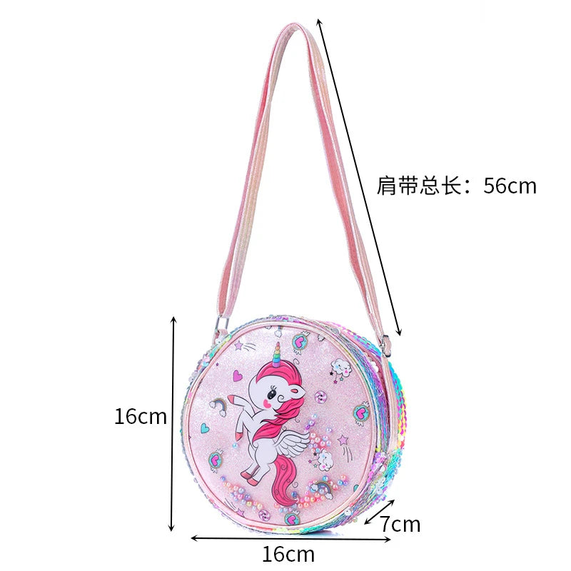 Kids Accessories Summer Lovely Kids Girls Sequin Crossbody Bag 3 Colors Cartoon Printed Round Shoulder Bag with Adjustable Strap