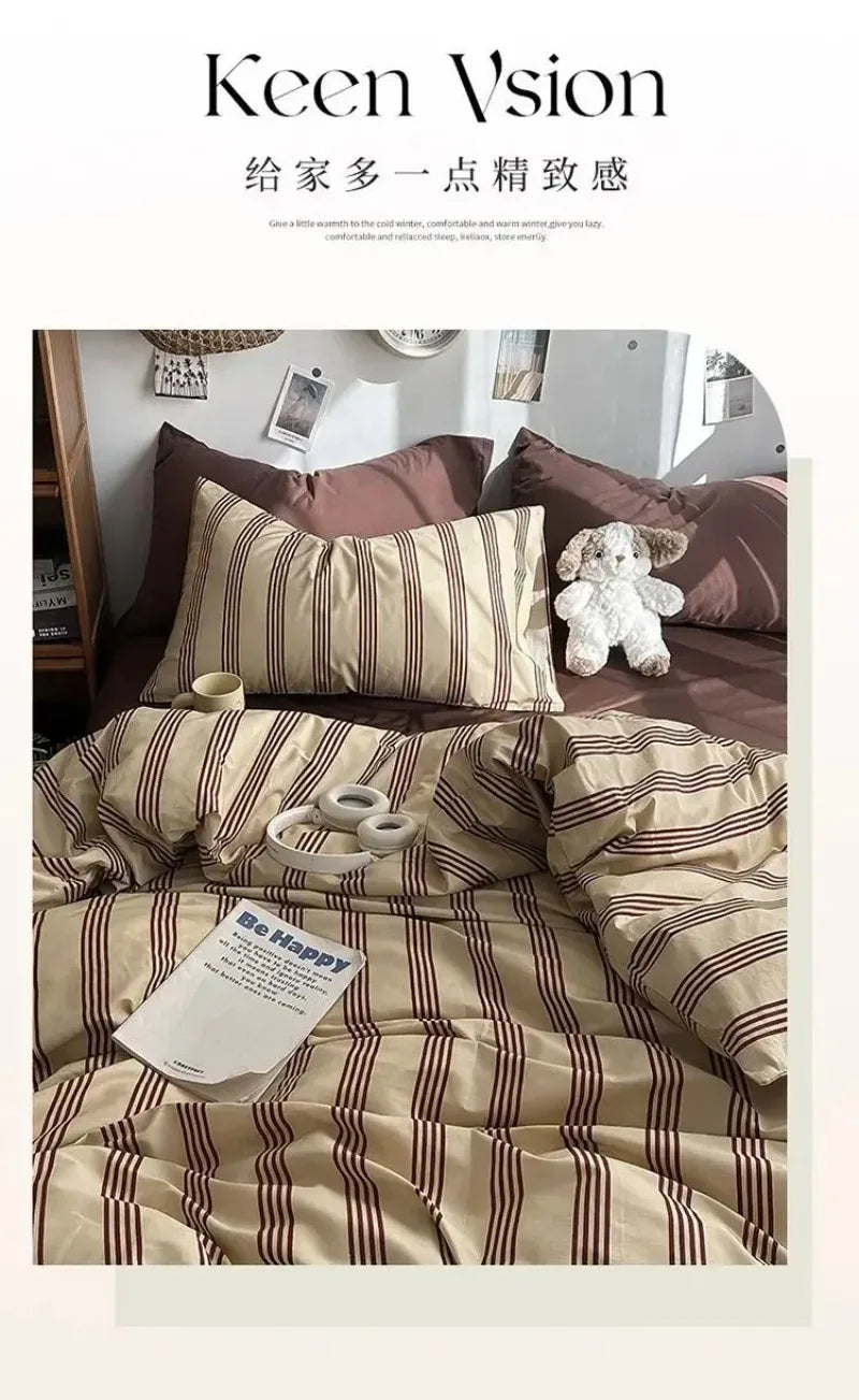 Bedding Set Ins Ambiance Blue Coffee Grid Mixed With Washed Cotton Minimalist Four Piece Set Fitted Sheets Duvet Cover