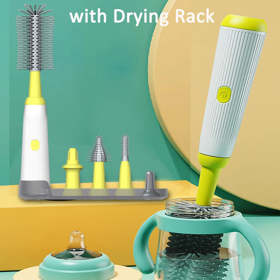 Electric 360 Degree Rotation 6 in 1 Silicone Baby Bottle Pacifier Brush Wash Water Cup Container Straw Cleaning Brush Set
