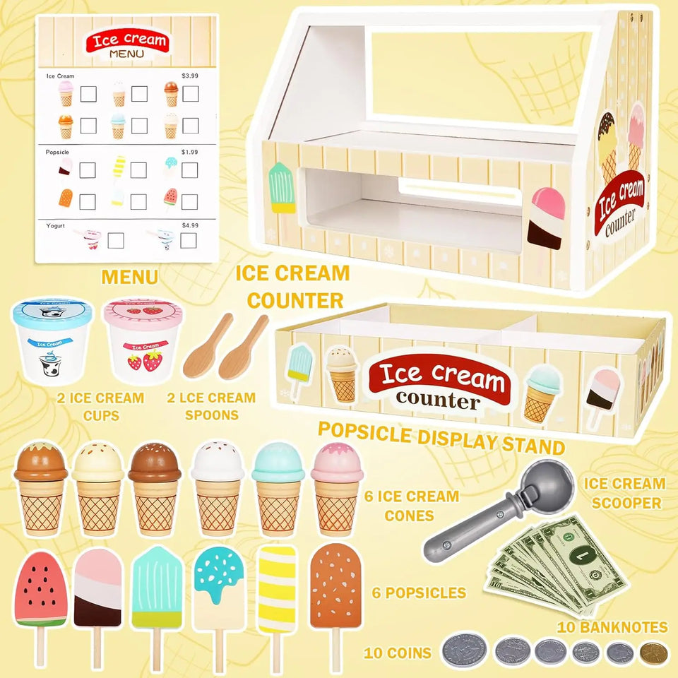 Wooden Ice Cream Counter Playset for Toddler Toys,  Montessori Pretend Play Food Toys Kitchen Accessories Early Learning AidsFV