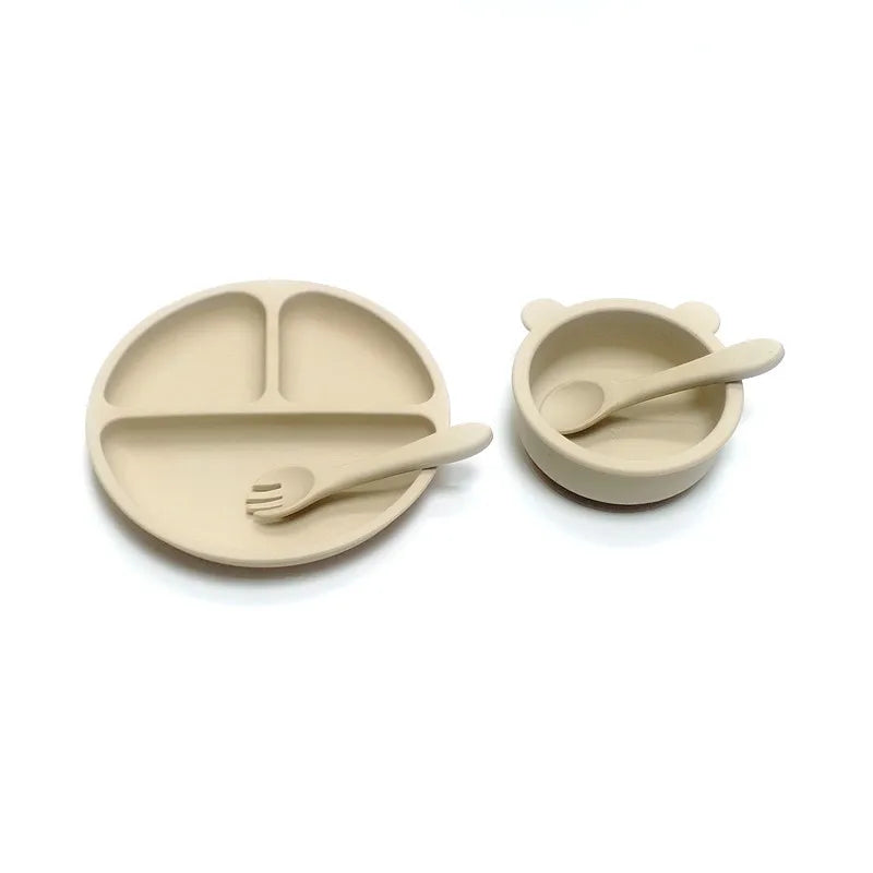 4pcs Auxiliary silicone tableware sets children eating suction cup bowl baby spoon dinner plate kindergarten set