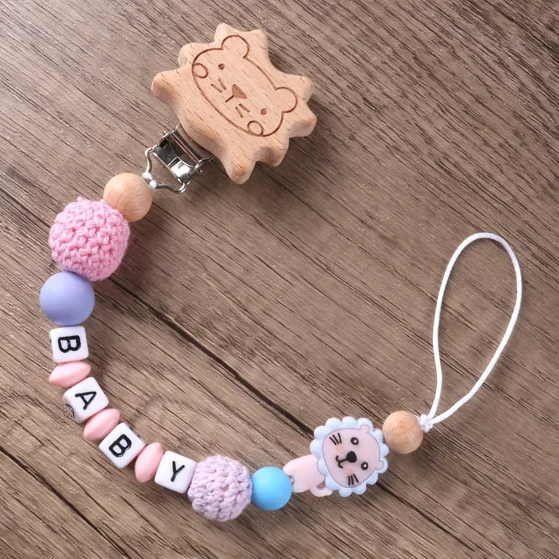 Baby Pacifier Clips Personalized Name DIY Wood Lion Silicone Dummy Nipples Holder Clip Chain Newborn Accessories Infant Feeding