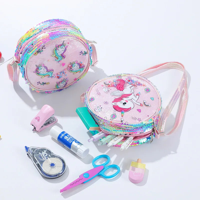 Kids Accessories Summer Lovely Kids Girls Sequin Crossbody Bag 3 Colors Cartoon Printed Round Shoulder Bag with Adjustable Strap